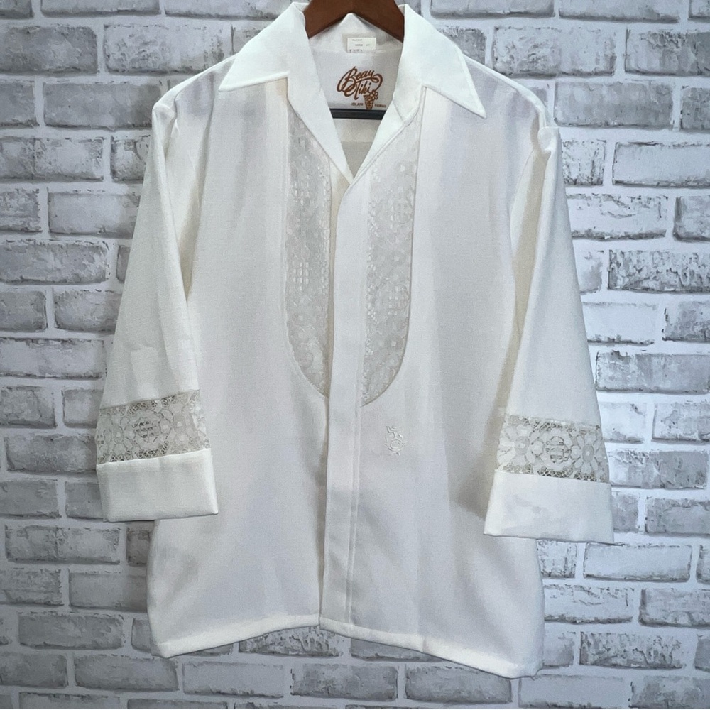Beau Tiki Lolani Hawaiian Shirt White Wedding Men Size medium Tiki Tropical